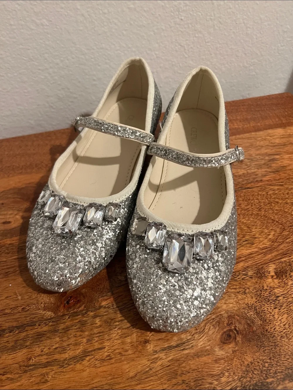 Crewcuts Silver Glitter Mary Jane Flats with Jewel Accents